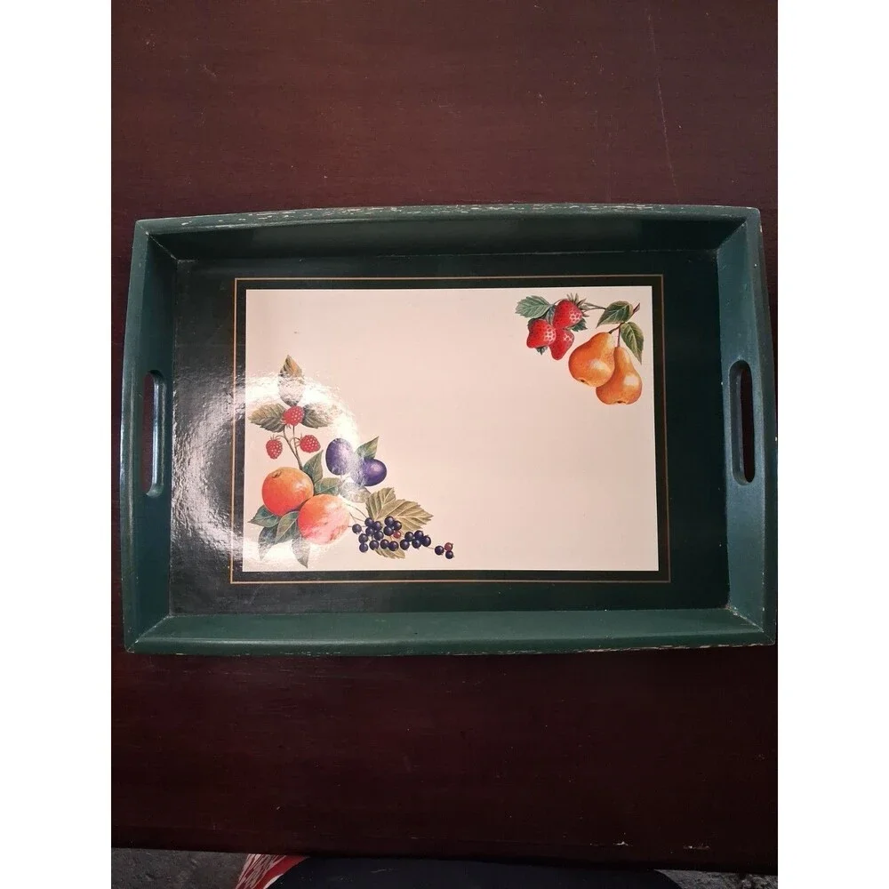 Wooden Serving Display Tray Green With Fruit Motif